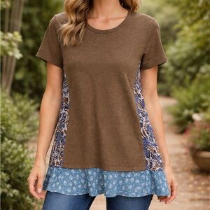 LOGO Lounge by Lori Goldstein  French Terry Tunic Boho Patchwork Mixed Media XS